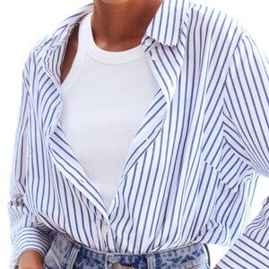 Zara Basic Blue White Stripes Long Sleeve Crop Blouse Front Button Collar Size M